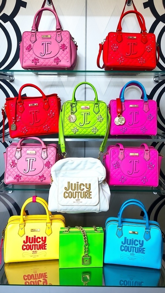 2000s Juicy Couture Handbags A stylish display of colorful Juicy Couture handbags from the 2000s, highlighting their unique designs and logos.
